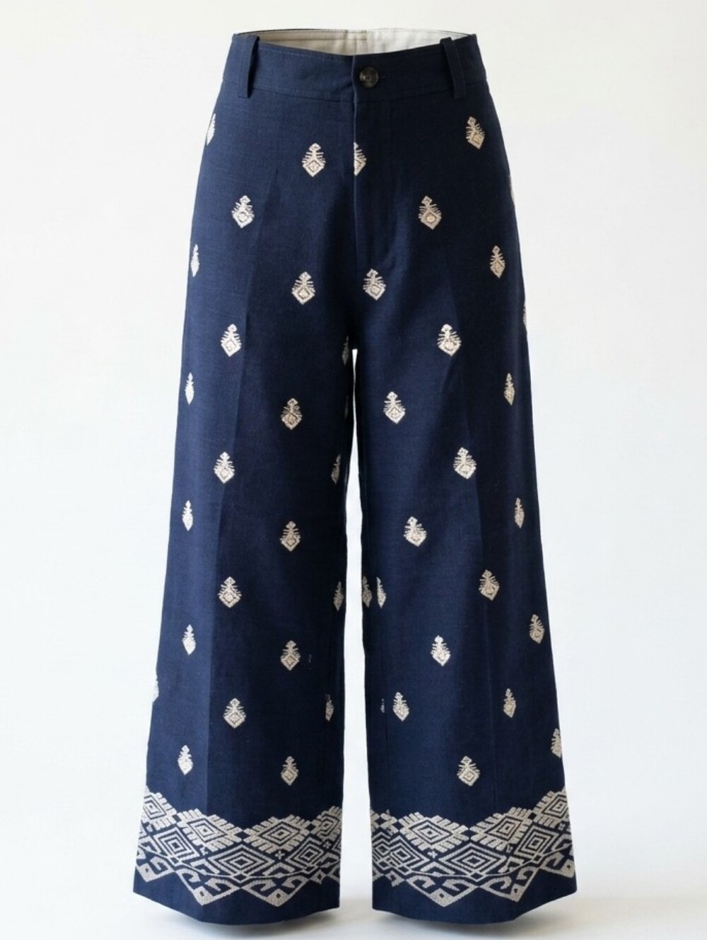 Zara High Waisted Embroidered Linen Blend Culottes Cropped Pants in navy blue L